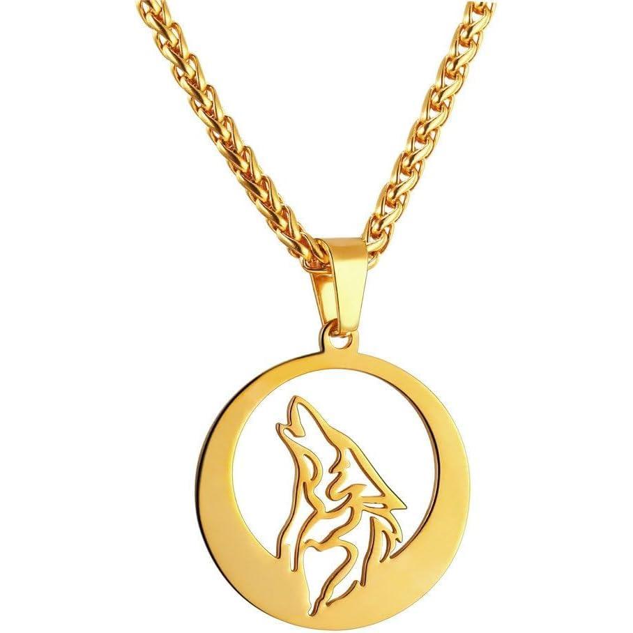 imageU7 Punk ChameleonEagleDragonHawkWolf Necklaces for Men Women Retro Black Stainless Steel Animal Pendant Personalized Jewelry Gift Cool Necklace with 22 Inch Chain01Round WolfGold