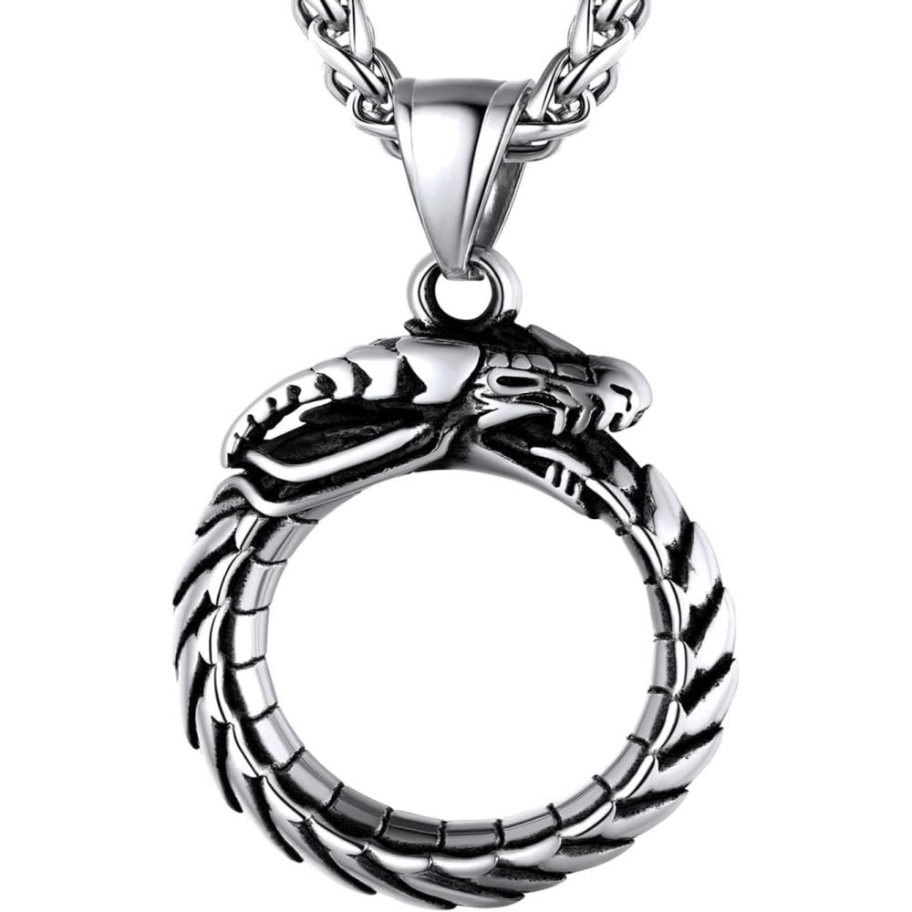 imageU7 Punk ChameleonEagleDragonHawkWolf Necklaces for Men Women Retro Black Stainless Steel Animal Pendant Personalized Jewelry Gift Cool Necklace with 22 Inch Chain05Ouroboros DragonStainless