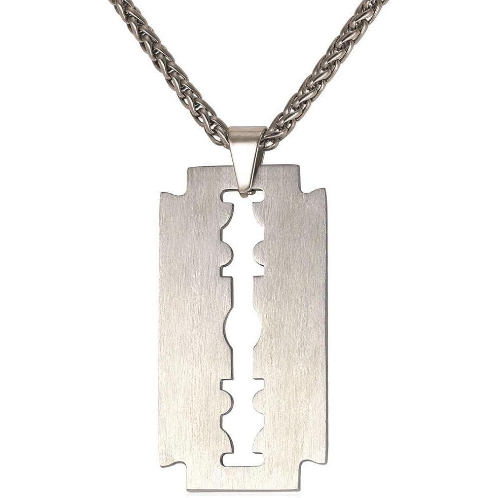 imageU7 Punk Necklaces Stainless Steel 18K Gold Plated Large Hip Hop DaggerKnifeSwordSteampunk GearLarge Razor Blade Pendant Necklace for Men Women Chain 2224 Inches01Stainless Razor BladeMedium