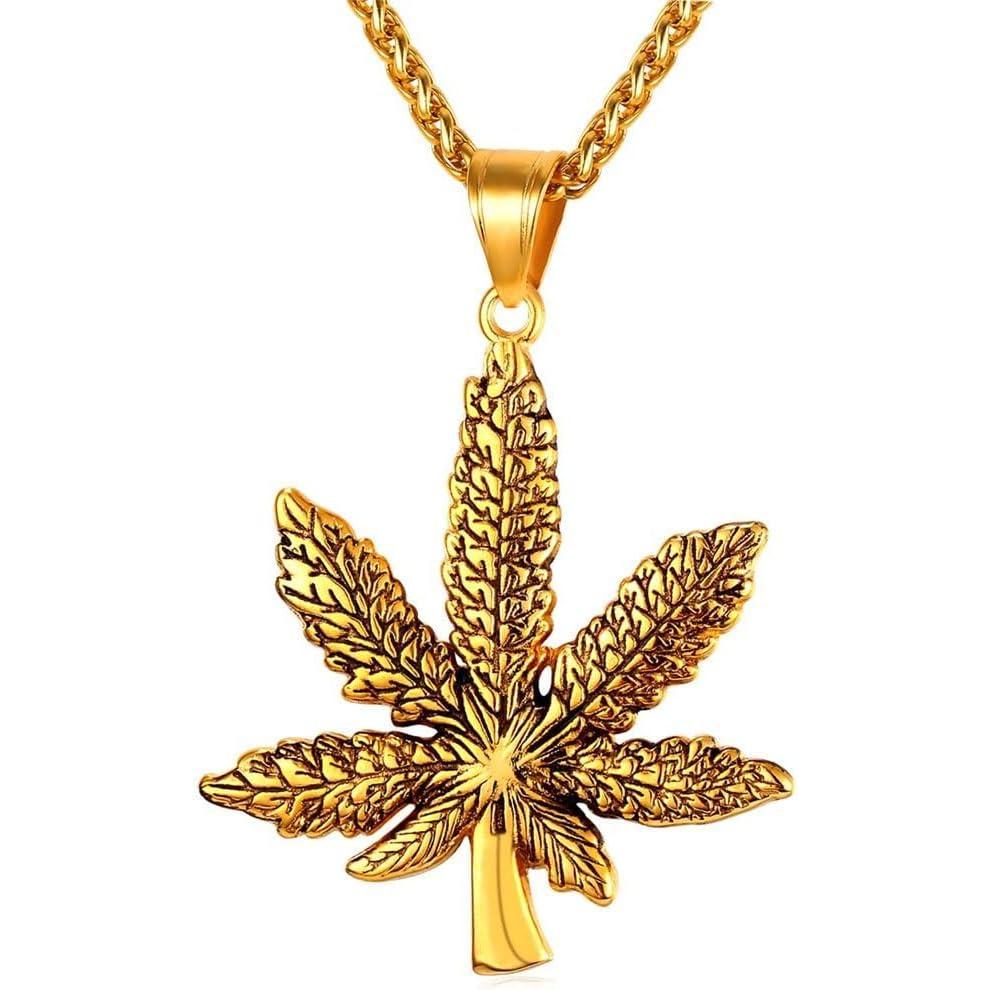 imageU7 Punk Necklaces Stainless Steel 18K Gold Plated Large Hip Hop DaggerKnifeSwordSteampunk GearLarge Razor Blade Pendant Necklace for Men Women Chain 2224 Inches07Marijuana Leaf Gold
