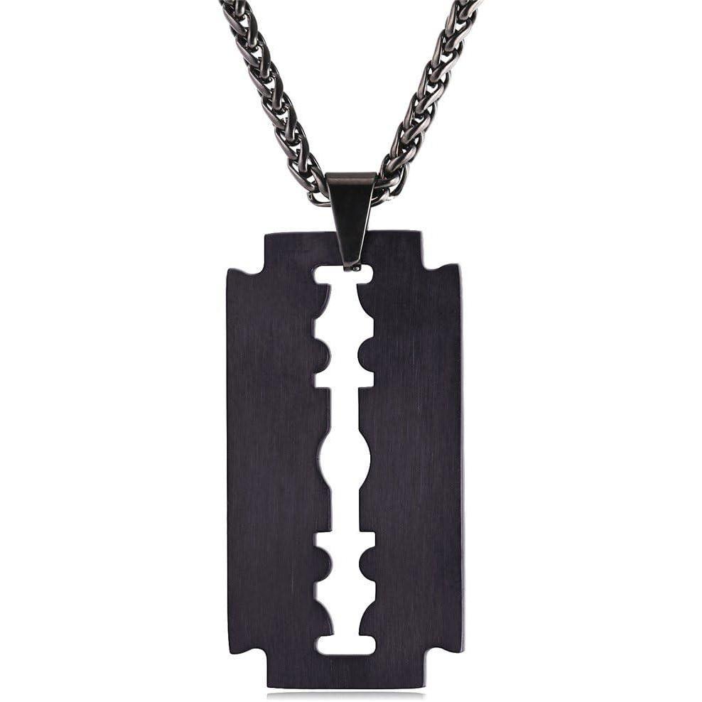 imageU7 Punk Necklaces Stainless Steel 18K Gold Plated Large Hip Hop DaggerKnifeSwordSteampunk GearLarge Razor Blade Pendant Necklace for Men Women Chain 2224 Inches01Black Razor BladeMedium