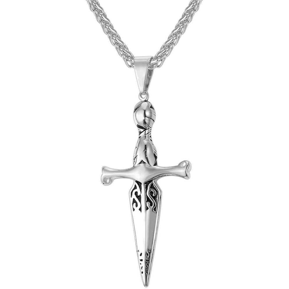 imageU7 Punk Necklaces Stainless Steel 18K Gold Plated Large Hip Hop DaggerKnifeSwordSteampunk GearLarge Razor Blade Pendant Necklace for Men Women Chain 2224 Inches05Sword Stainless