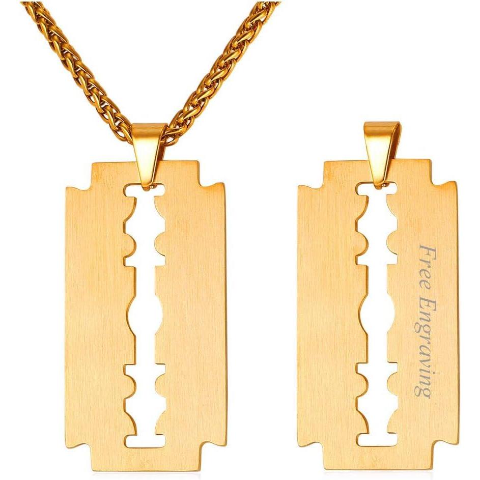 imageU7 Punk Necklaces Stainless Steel 18K Gold Plated Large Hip Hop DaggerKnifeSwordSteampunk GearLarge Razor Blade Pendant Necklace for Men Women Chain 2224 InchesRazor BladeGoldCustomized