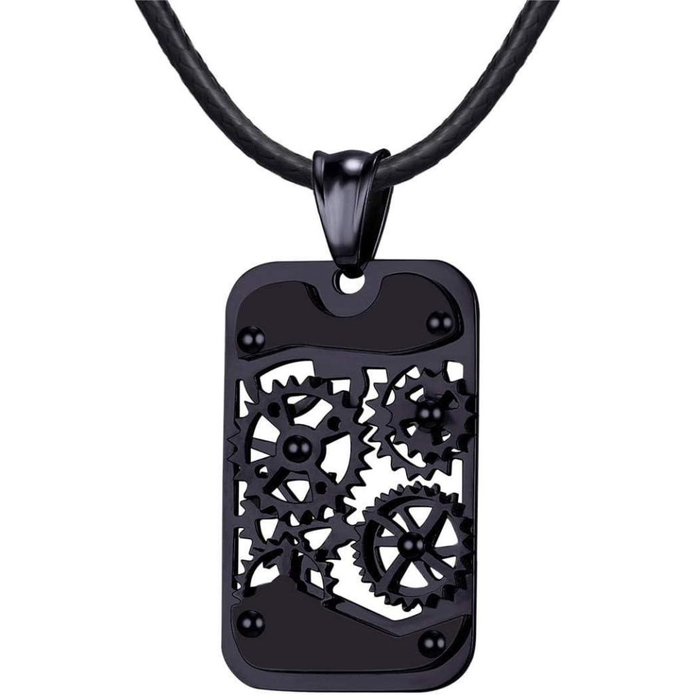 imageU7 Punk Necklaces Stainless Steel 18K Gold Plated Large Hip Hop DaggerKnifeSwordSteampunk GearLarge Razor Blade Pendant Necklace for Men Women Chain 2224 Inches04Black Gear TagLeather Cord Chain