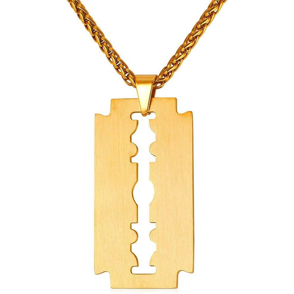 imageU7 Punk Necklaces Stainless Steel 18K Gold Plated Large Hip Hop DaggerKnifeSwordSteampunk GearLarge Razor Blade Pendant Necklace for Men Women Chain 2224 Inches01Gold Razor BladeMedium