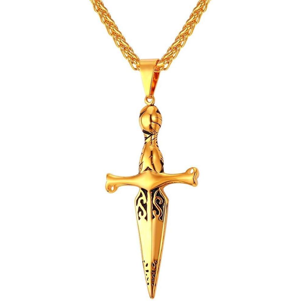 imageU7 Punk Necklaces Stainless Steel 18K Gold Plated Large Hip Hop DaggerKnifeSwordSteampunk GearLarge Razor Blade Pendant Necklace for Men Women Chain 2224 Inches05Sword Gold