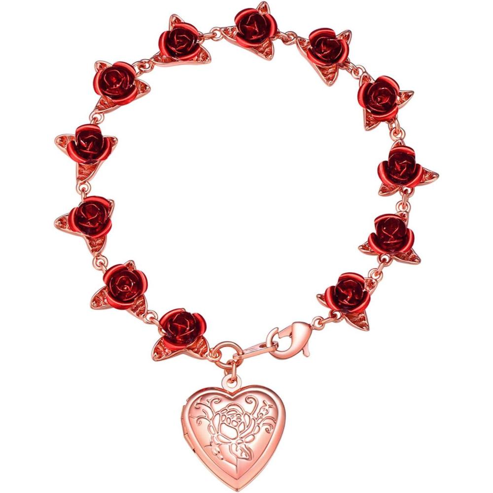 imageU7 Red Rose Link Bracelets for Women Girls 18K Gold Custom Text Photo Bracelet Romantic Rose Jewelry for Mom Wife02Bracelet LocketRose Gold