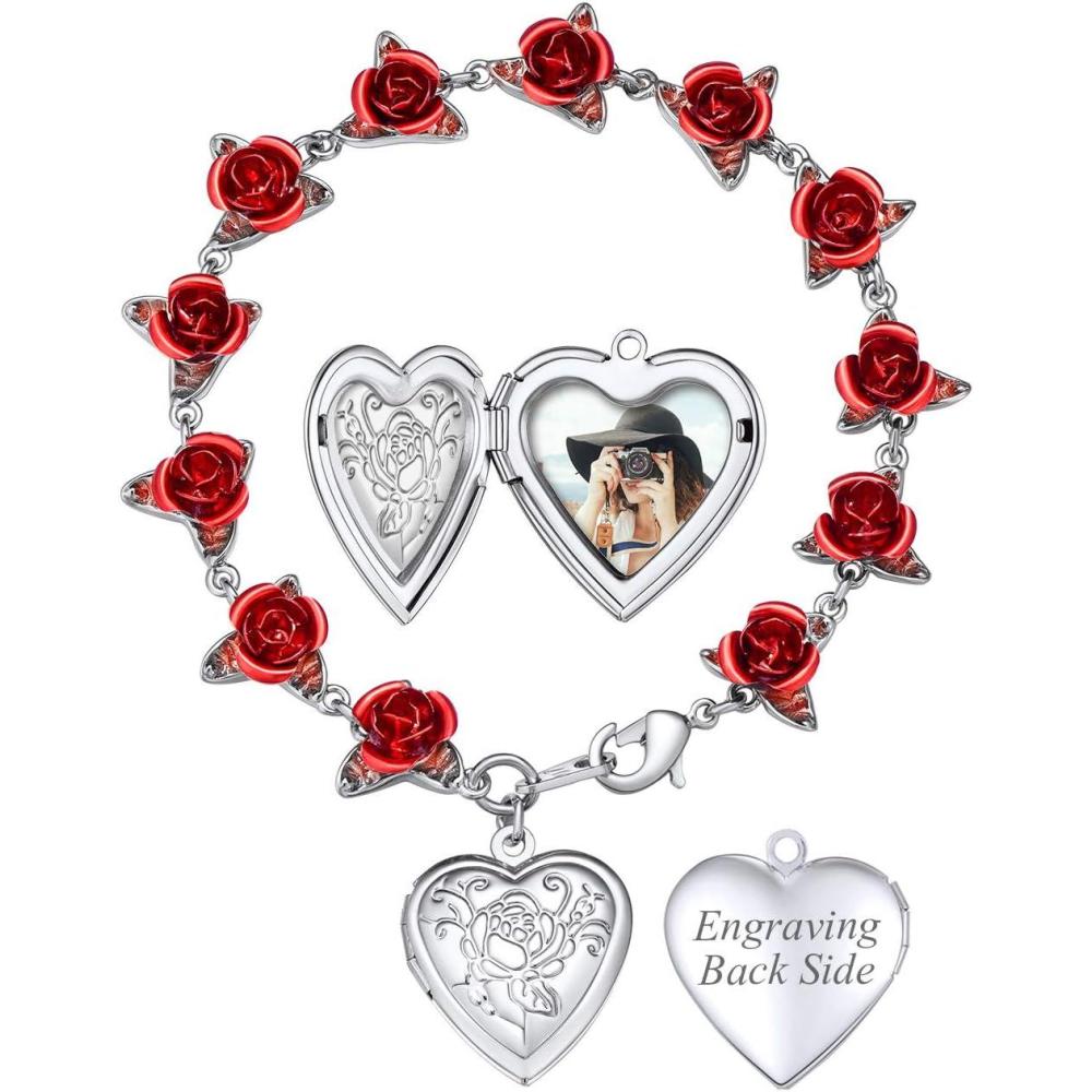 imageU7 Red Rose Link Bracelets for Women Girls 18K Gold Custom Text Photo Bracelet Romantic Rose Jewelry for Mom WifeBracelet Locket PlatinumPhotoText