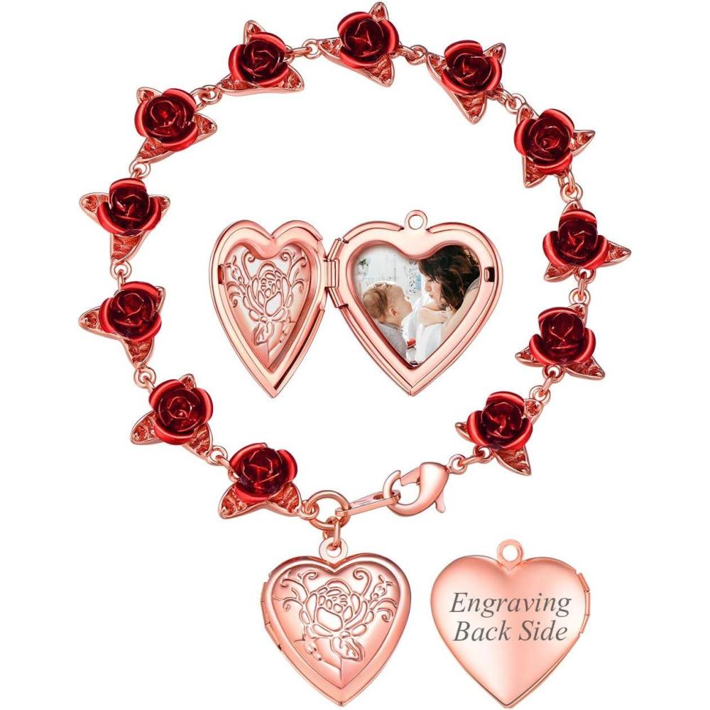imageU7 Red Rose Link Bracelets for Women Girls 18K Gold Custom Text Photo Bracelet Romantic Rose Jewelry for Mom WifeBracelet Locket Rose GoldPhotoText