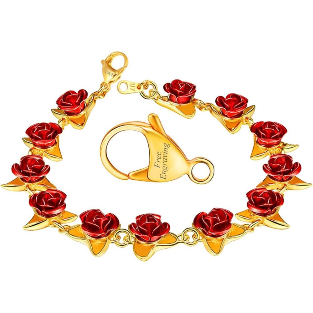 imageU7 Red Rose Link Bracelets for Women Girls 18K Gold Custom Text Photo Bracelet Romantic Rose Jewelry for Mom WifeBraceletText