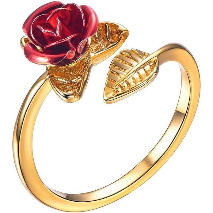 imageU7 Rose Flower Ring Stackable Band Ring for Women Girls Platinum SilverGoldRose Gold Red Signet Rings Adjustable Fit Size 5 to 10Red RoseGold
