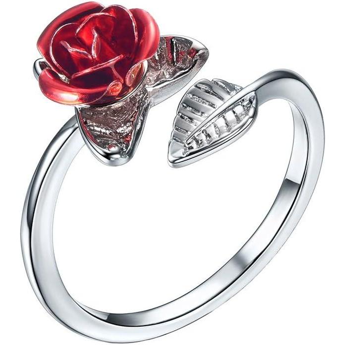 imageU7 Rose Flower Ring Stackable Band Ring for Women Girls Platinum SilverGoldRose Gold Red Signet Rings Adjustable Fit Size 5 to 10Red RosePlatinum