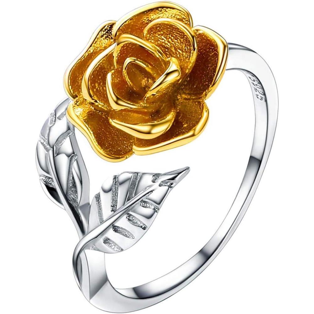 imageU7 Rose Flower Ring Stackable Band Ring for Women Girls Platinum SilverGoldRose Gold Red Signet Rings Adjustable Fit Size 5 to 10Yellow Rose925 Silver
