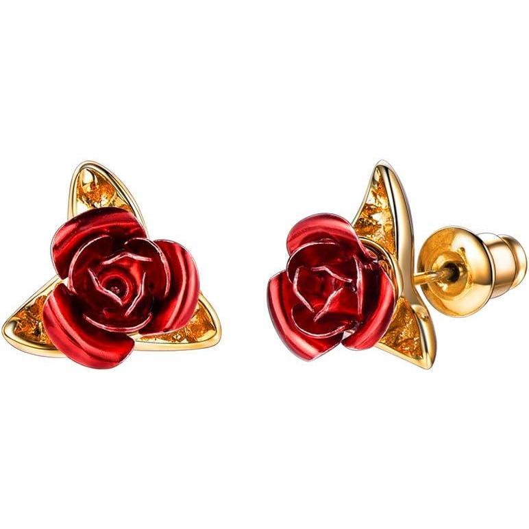 imageU7 Rose Stud Earrings for Women Girls Copper 18K Gold Plated Red Flower Earrings Dainty Jewelry Gifts for Wife Mom01Gold