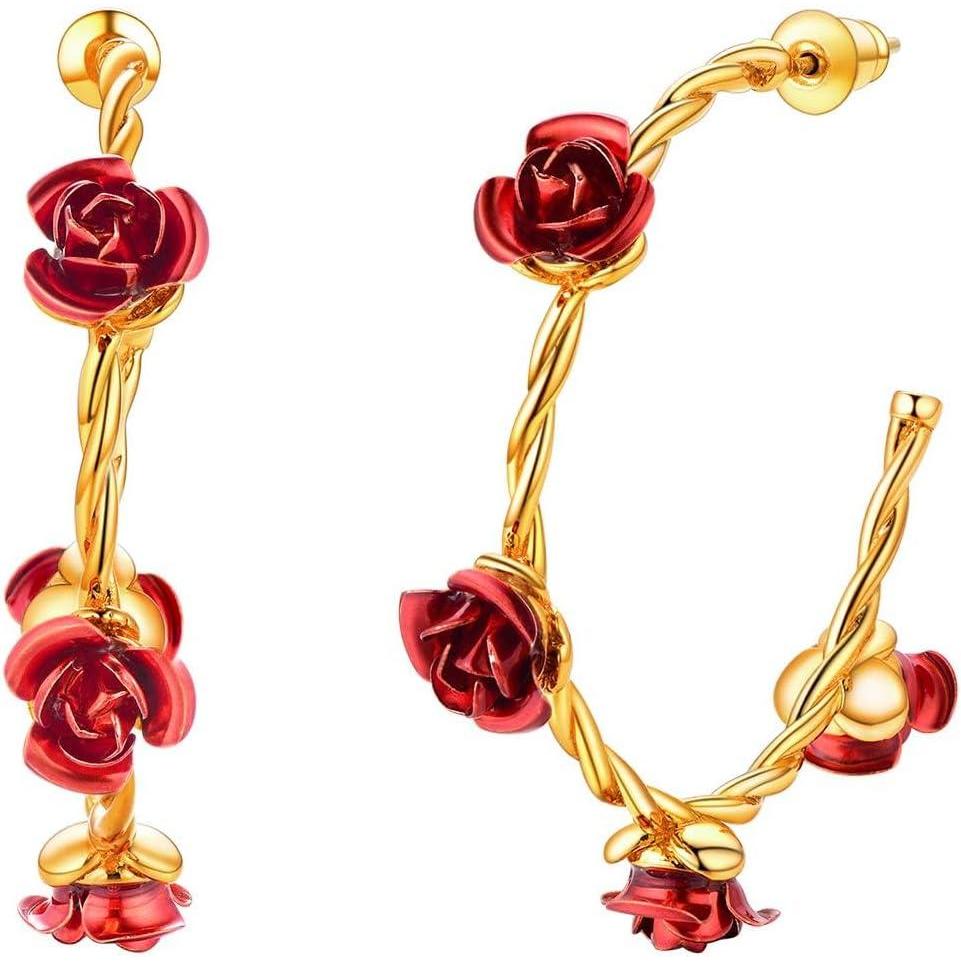 imageU7 Rose Stud Earrings for Women Girls Copper 18K Gold Plated Red Flower Earrings Dainty Jewelry Gifts for Wife Mom04HoopGold