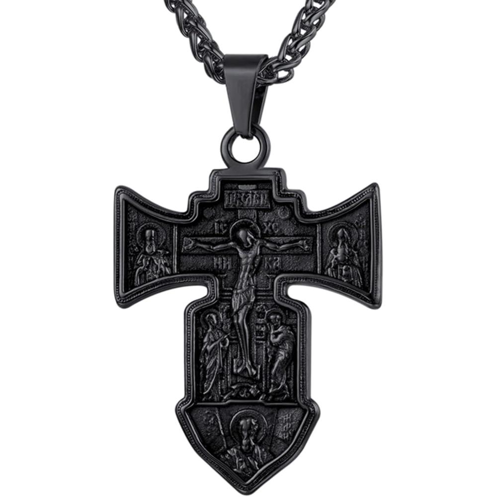 imageU7 Russian Orthodox Cross PendantPraying HandsIchthys Sign for Men Women Stainless Steel 18K Gold Plated Jesus Pendant Christian Religious Necklaces Length 22quot Silver Black Gold02 Orthodox CrossBlack