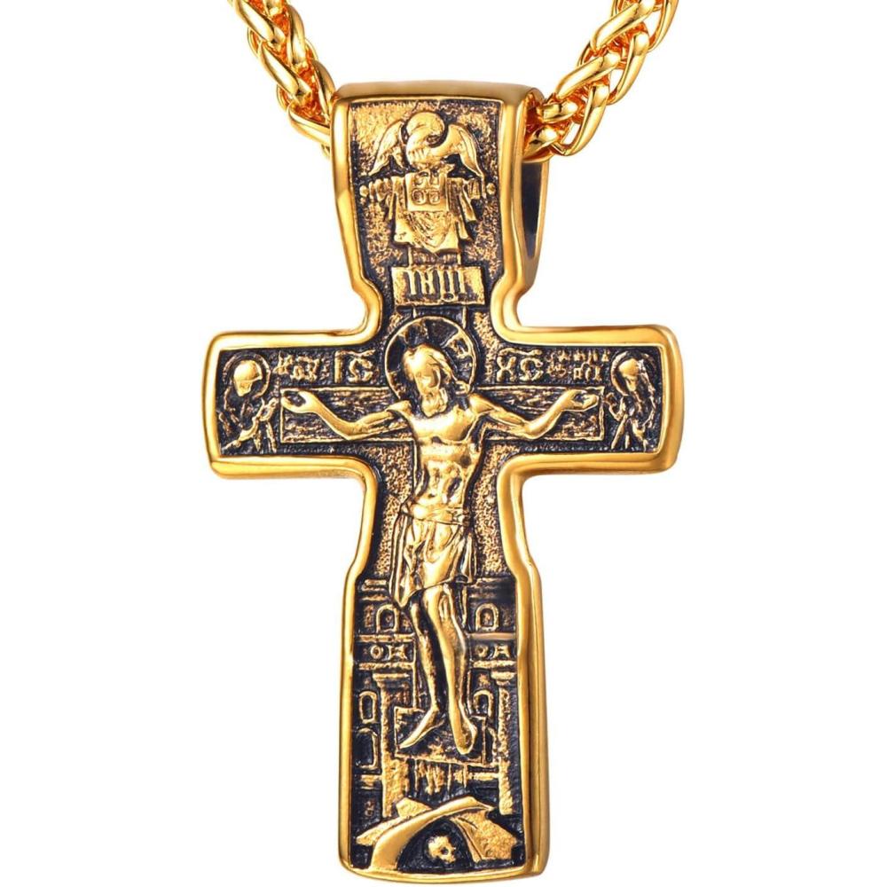 imageU7 Russian Orthodox Cross PendantPraying HandsIchthys Sign for Men Women Stainless Steel 18K Gold Plated Jesus Pendant Christian Religious Necklaces Length 22quot Silver Black GoldJChurch Crucifix Gold