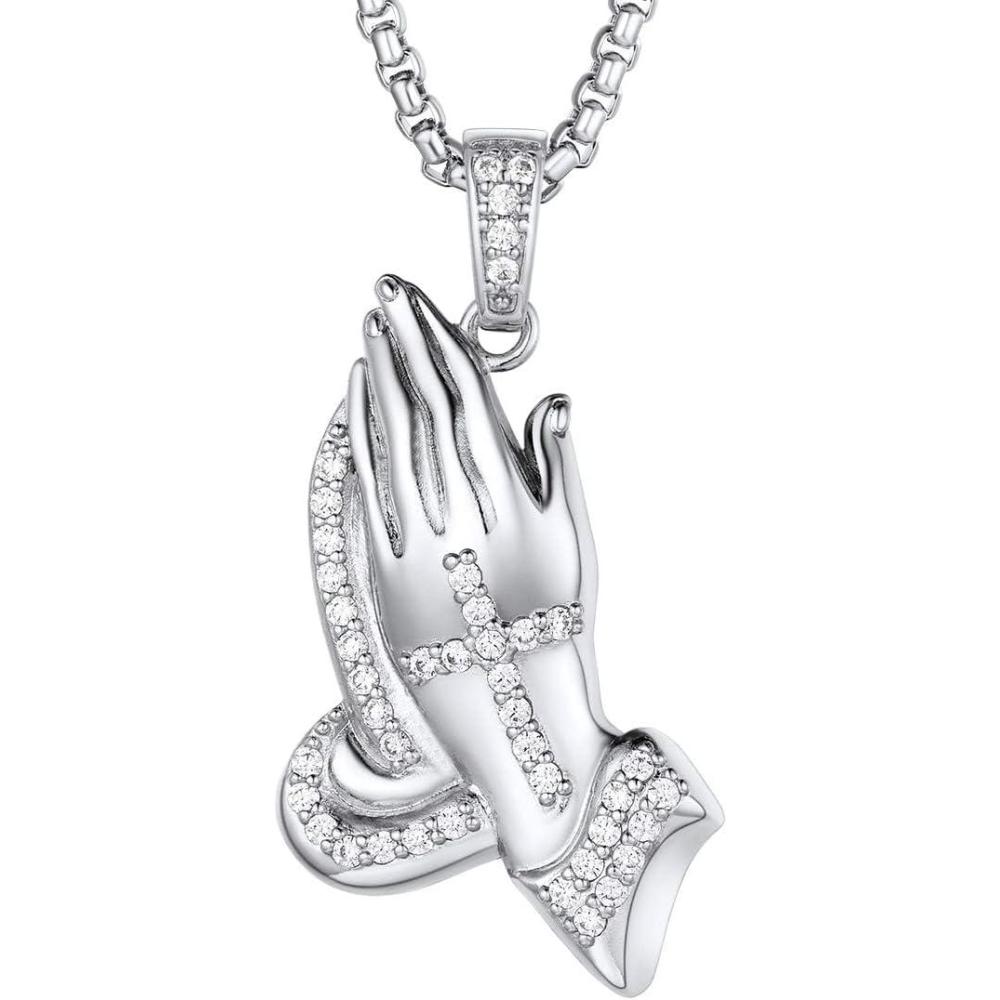 imageU7 Russian Orthodox Cross PendantPraying HandsIchthys Sign for Men Women Stainless Steel 18K Gold Plated Jesus Pendant Christian Religious Necklaces Length 22quot Silver Black Gold06 Iced Praying HandsPlatinum