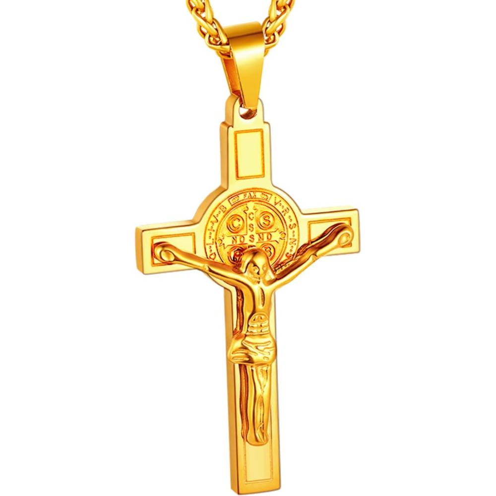 imageU7 Russian Orthodox Cross PendantPraying HandsIchthys Sign for Men Women Stainless Steel 18K Gold Plated Jesus Pendant Christian Religious Necklaces Length 22quot Silver Black Gold09 St Benedict Medal CrucifixGold