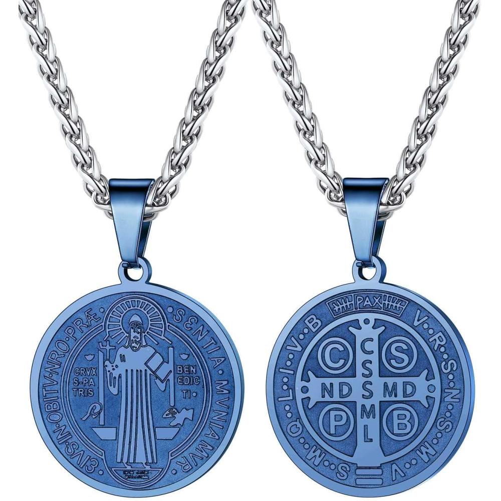 imageU7 Saint BenedictMichael Medal Necklace 316L Stainless Steel Virgin Mary Necklace for Men Women Bible Verse Protection Necklace Catholic Jewelry22quot24quot Adjustable04 Blue