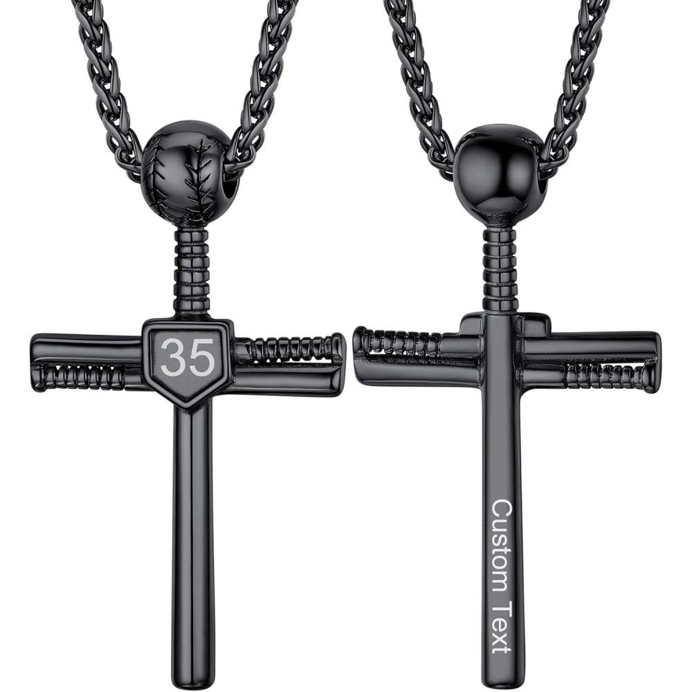 imageU7 Soccer Necklace for Men Football Baseball Basketball Stainless Steel Chain in Gold Silver Black Color Shoes Pendant Necklaces for Gym Sport Players Hip Hop Jewelry 22 InchBBaseball CrossBlackCustom Jersey NumberText