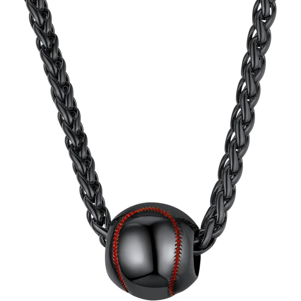 imageU7 Soccer Necklace for Men Football Baseball Basketball Stainless Steel Chain in Gold Silver Black Color Shoes Pendant Necklaces for Gym Sport Players Hip Hop Jewelry 22 Inch04BaseballBlack