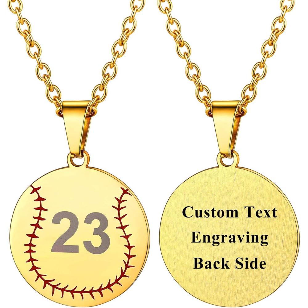 imageU7 Soccer Necklace for Men Football Baseball Basketball Stainless Steel Chain in Gold Silver Black Color Shoes Pendant Necklaces for Gym Sport Players Hip Hop Jewelry 22 InchEBaseballGoldCustom Jersey NumberText
