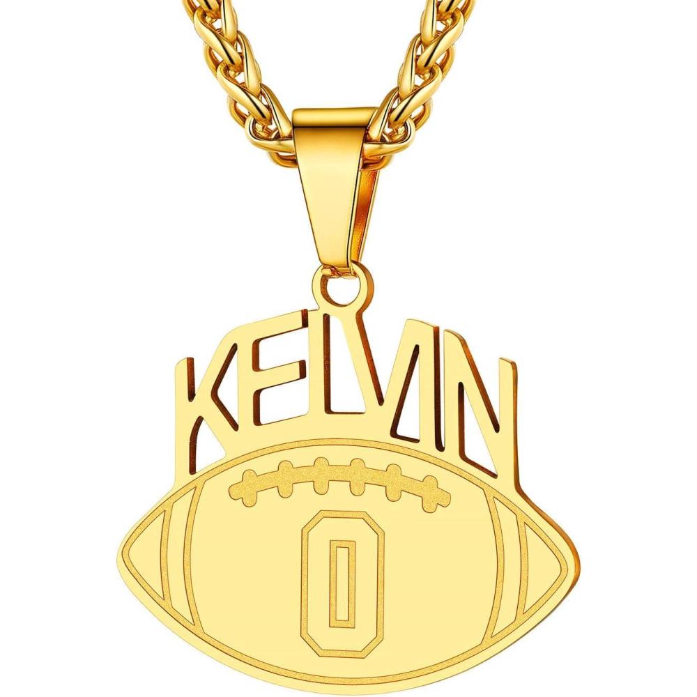 imageU7 Soccer Necklace for Men Football Baseball Basketball Stainless Steel Chain in Gold Silver Black Color Shoes Pendant Necklaces for Gym Sport Players Hip Hop Jewelry 22 InchZFootball NumberNameGoldCustomized