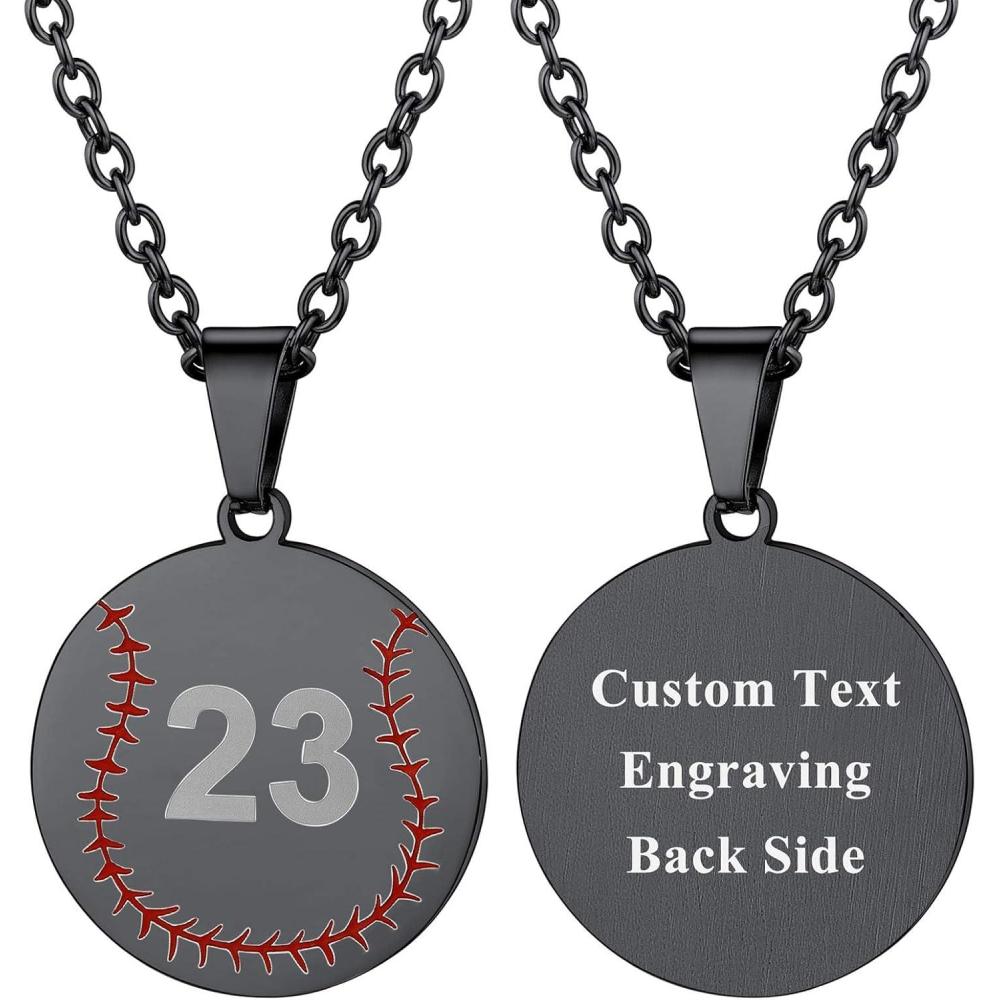 imageU7 Soccer Necklace for Men Football Baseball Basketball Stainless Steel Chain in Gold Silver Black Color Shoes Pendant Necklaces for Gym Sport Players Hip Hop Jewelry 22 InchEBaseballBlackCustom Jersey NumberText