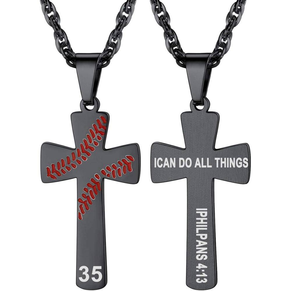 imageU7 Soccer Necklace for Men Football Baseball Basketball Stainless Steel Chain in Gold Silver Black Color Shoes Pendant Necklaces for Gym Sport Players Hip Hop Jewelry 22 InchABaseball CrossBlackCustom Text