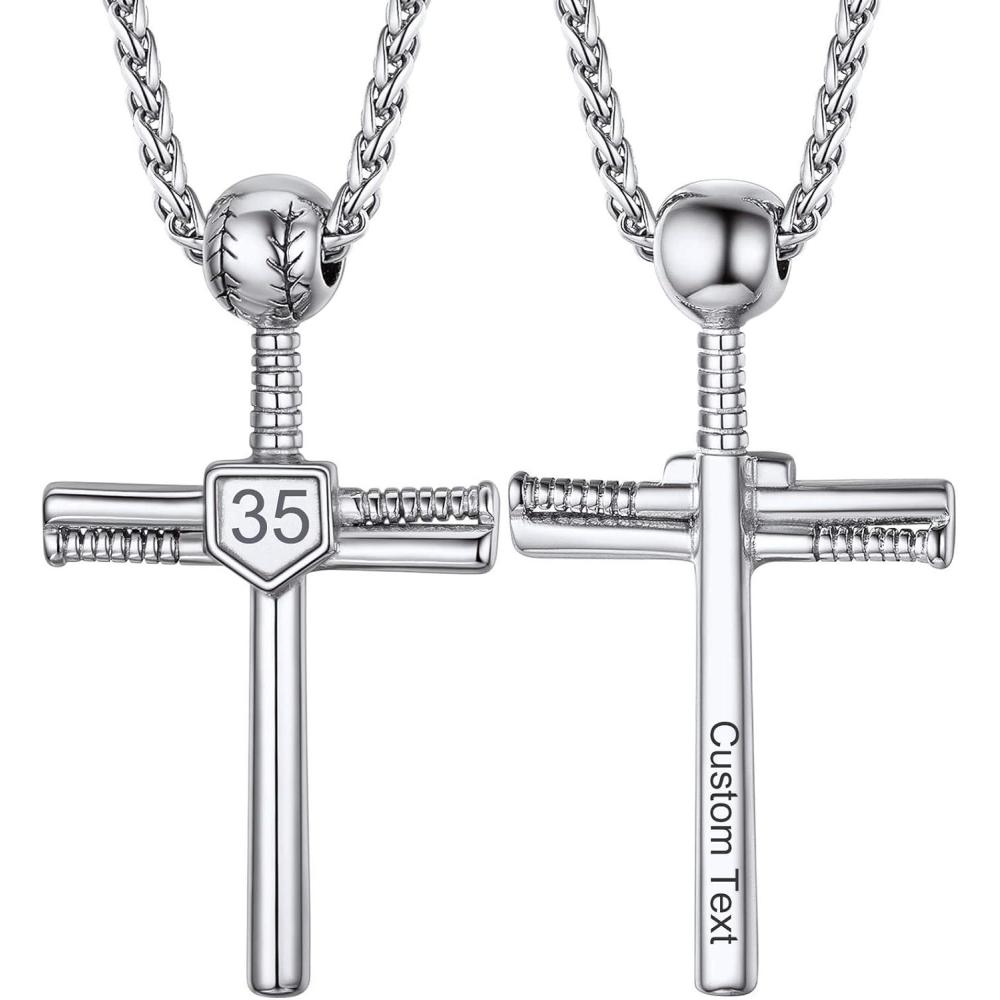 imageU7 Soccer Necklace for Men Football Baseball Basketball Stainless Steel Chain in Gold Silver Black Color Shoes Pendant Necklaces for Gym Sport Players Hip Hop Jewelry 22 InchBBaseball CrossStainlessCustom Jersey NumberText