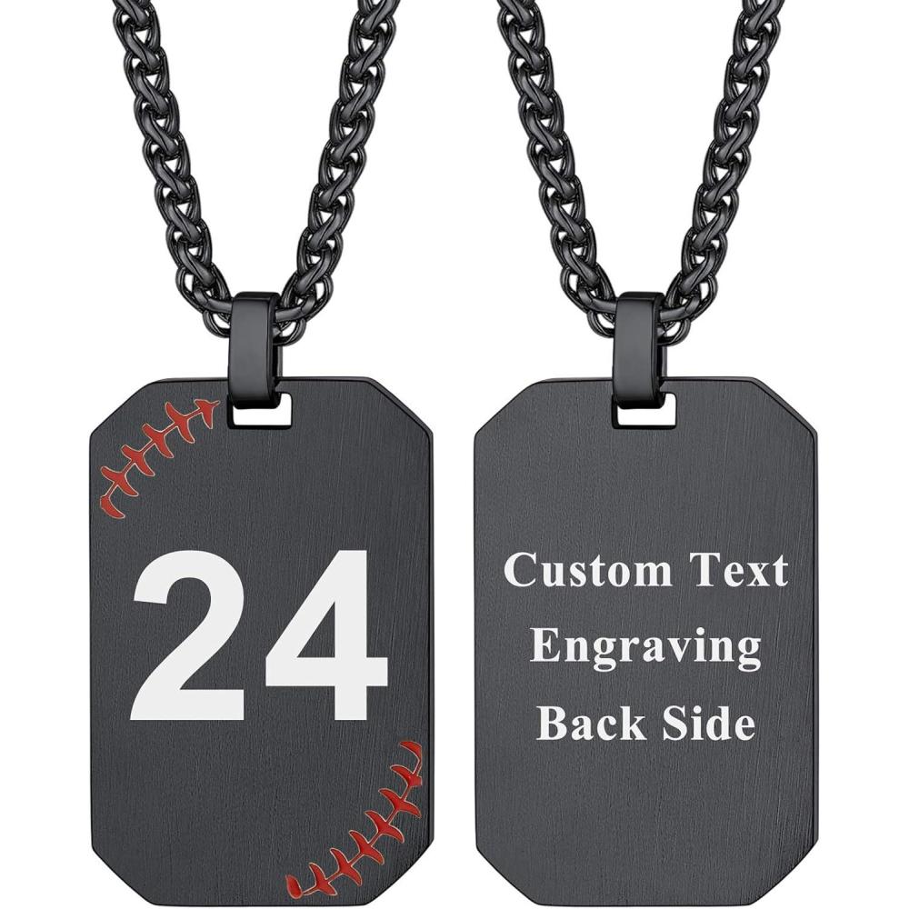 imageU7 Soccer Necklace for Men Football Baseball Basketball Stainless Steel Chain in Gold Silver Black Color Shoes Pendant Necklaces for Gym Sport Players Hip Hop Jewelry 22 InchFBaseball Number Dog TagsBlackCustomized