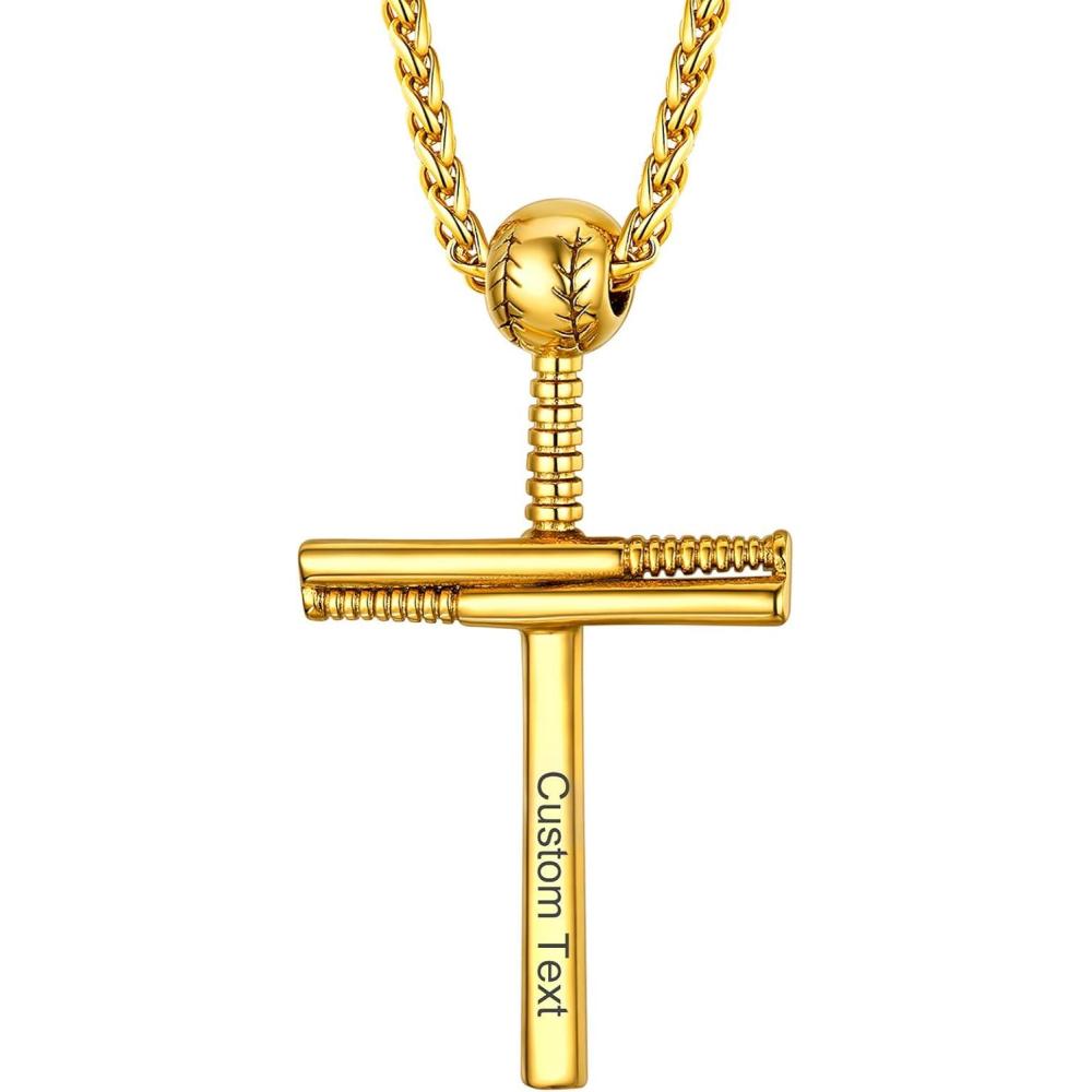 imageU7 Soccer Necklace for Men Football Baseball Basketball Stainless Steel Chain in Gold Silver Black Color Shoes Pendant Necklaces for Gym Sport Players Hip Hop Jewelry 22 InchDBaseball CrossGoldCustom Text