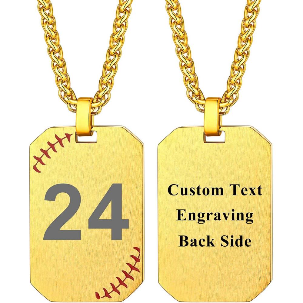 imageU7 Soccer Necklace for Men Football Baseball Basketball Stainless Steel Chain in Gold Silver Black Color Shoes Pendant Necklaces for Gym Sport Players Hip Hop Jewelry 22 InchFBaseball Number Dog TagsGoldCustomized
