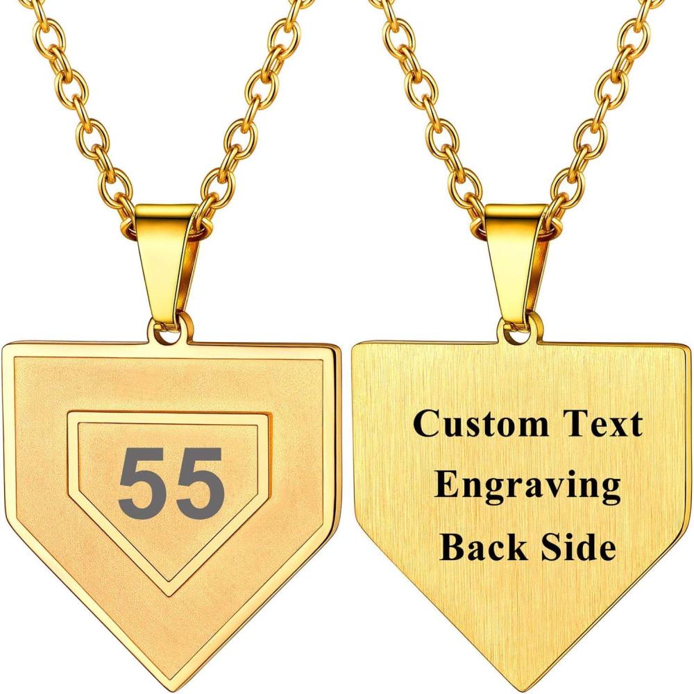 imageU7 Soccer Necklace for Men Football Baseball Basketball Stainless Steel Chain in Gold Silver Black Color Shoes Pendant Necklaces for Gym Sport Players Hip Hop Jewelry 22 InchCBaseball Home BaseGoldCustom NumberText