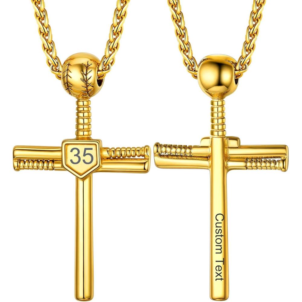 imageU7 Soccer Necklace for Men Football Baseball Basketball Stainless Steel Chain in Gold Silver Black Color Shoes Pendant Necklaces for Gym Sport Players Hip Hop Jewelry 22 InchBBaseball CrossGoldCustom Jersey NumberText