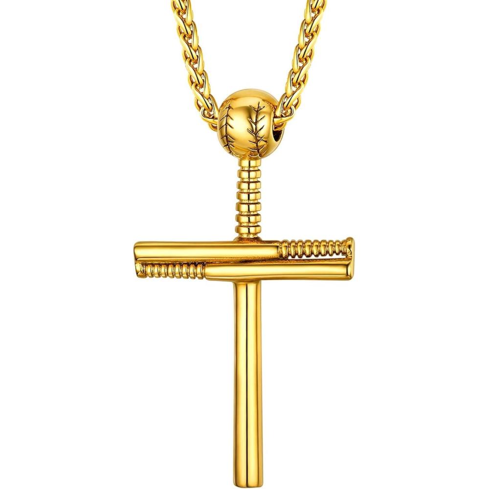 imageU7 Soccer Necklace for Men Football Baseball Basketball Stainless Steel Chain in Gold Silver Black Color Shoes Pendant Necklaces for Gym Sport Players Hip Hop Jewelry 22 Inch06Baseball CrossGold