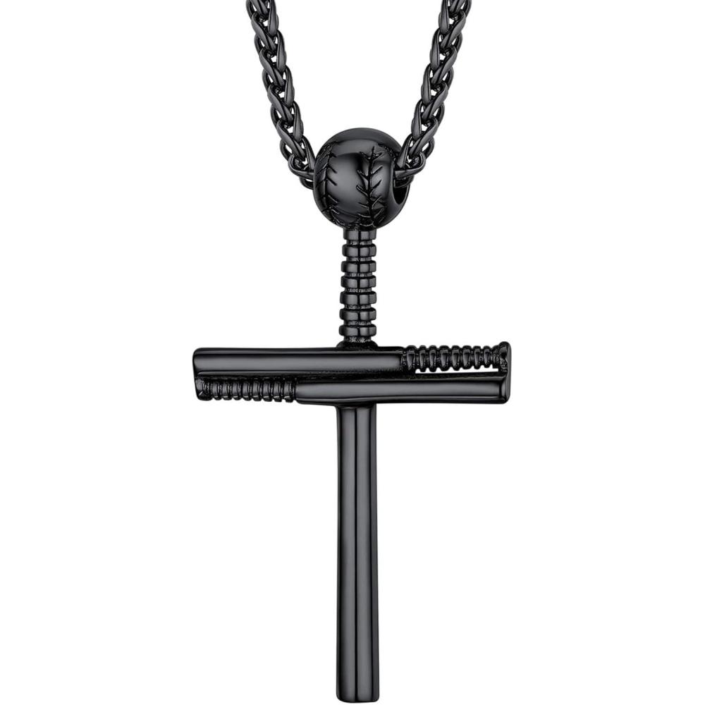 imageU7 Soccer Necklace for Men Football Baseball Basketball Stainless Steel Chain in Gold Silver Black Color Shoes Pendant Necklaces for Gym Sport Players Hip Hop Jewelry 22 Inch06Baseball CrossBlack