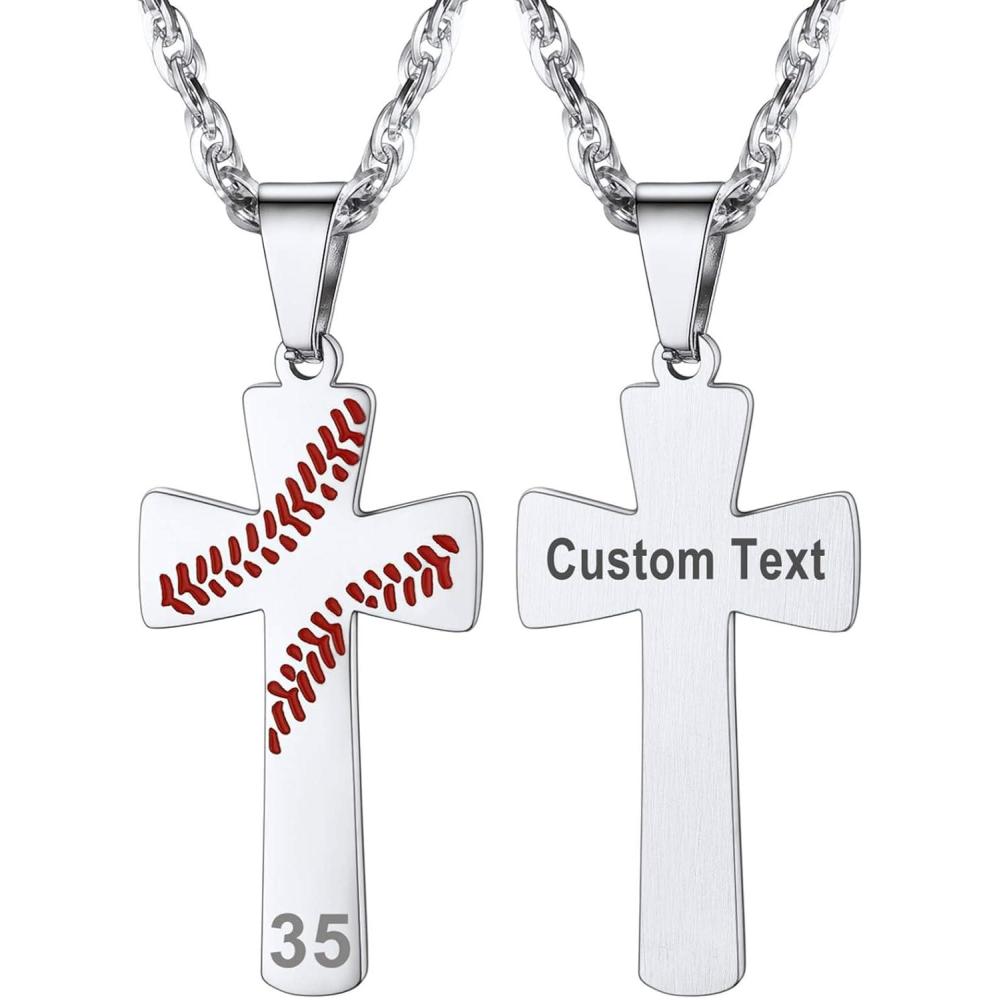 imageU7 Soccer Necklace for Men Football Baseball Basketball Stainless Steel Chain in Gold Silver Black Color Shoes Pendant Necklaces for Gym Sport Players Hip Hop Jewelry 22 InchABaseball CrossStainlessCustom Text