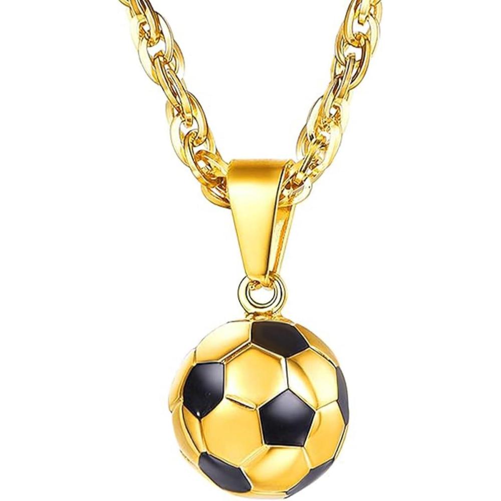 imageU7 Soccer Necklace for Men Football Baseball Basketball Stainless Steel Chain in Gold Silver Black Color Shoes Pendant Necklaces for Gym Sport Players Hip Hop Jewelry 22 Inch01SoccerGold