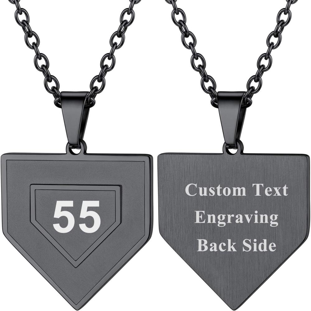 imageU7 Soccer Necklace for Men Football Baseball Basketball Stainless Steel Chain in Gold Silver Black Color Shoes Pendant Necklaces for Gym Sport Players Hip Hop Jewelry 22 InchCBaseball Home BaseBlackCustom NumberText