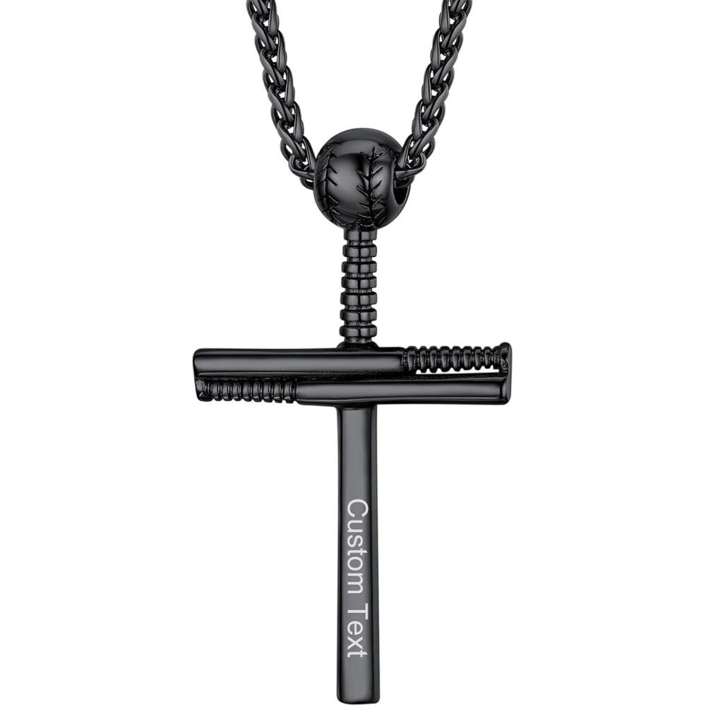imageU7 Soccer Necklace for Men Football Baseball Basketball Stainless Steel Chain in Gold Silver Black Color Shoes Pendant Necklaces for Gym Sport Players Hip Hop Jewelry 22 InchDBaseball CrossBlackCustom Text