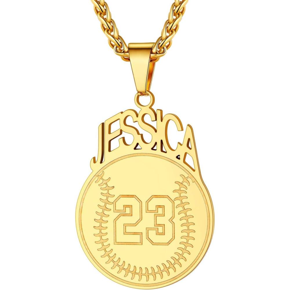 imageU7 Soccer Necklace for Men Football Baseball Basketball Stainless Steel Chain in Gold Silver Black Color Shoes Pendant Necklaces for Gym Sport Players Hip Hop Jewelry 22 InchGBaseball NumberNameGoldCustomized