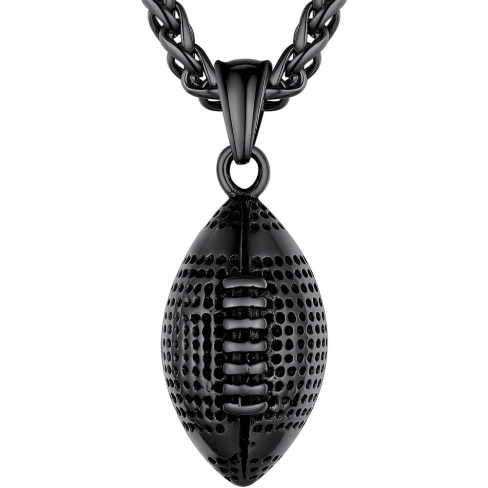 imageU7 Soccer Necklace for Men Football Baseball Basketball Stainless Steel Chain in Gold Silver Black Color Shoes Pendant Necklaces for Gym Sport Players Hip Hop Jewelry 22 Inch02FootballBlack