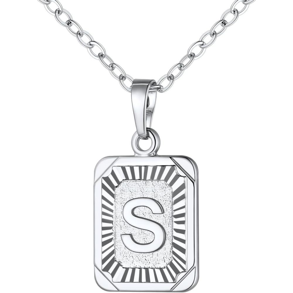 imageU7 Square Initial Necklace for Women GoldPlatinum Plated AZ 26 Letters Pendant Necklace Large Capital Monogram Retangle Tag Necklace Resizable Chain 20quot22quotb Silver
