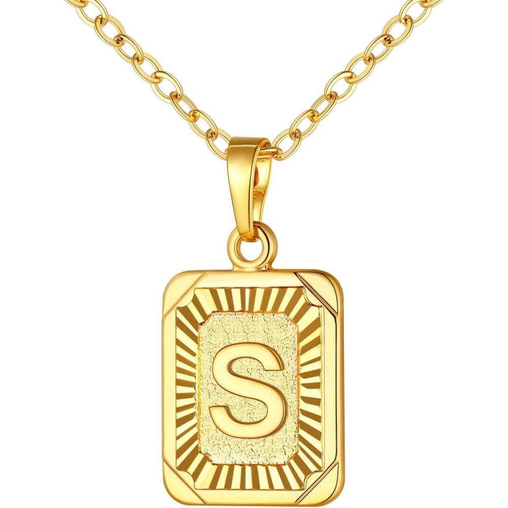 imageU7 Square Initial Necklace for Women GoldPlatinum Plated AZ 26 Letters Pendant Necklace Large Capital Monogram Retangle Tag Necklace Resizable Chain 20quot22quota Gold