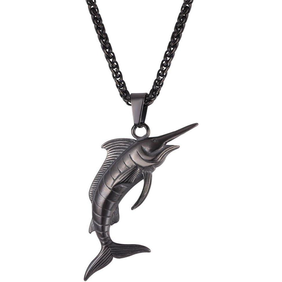 imageU7 Stainless Steel Shark Necklaces18K Gold Plated DolphinSwordfishShark Pendant NecklacePunk Mens Jewelry8SwordfishBlackEngraved