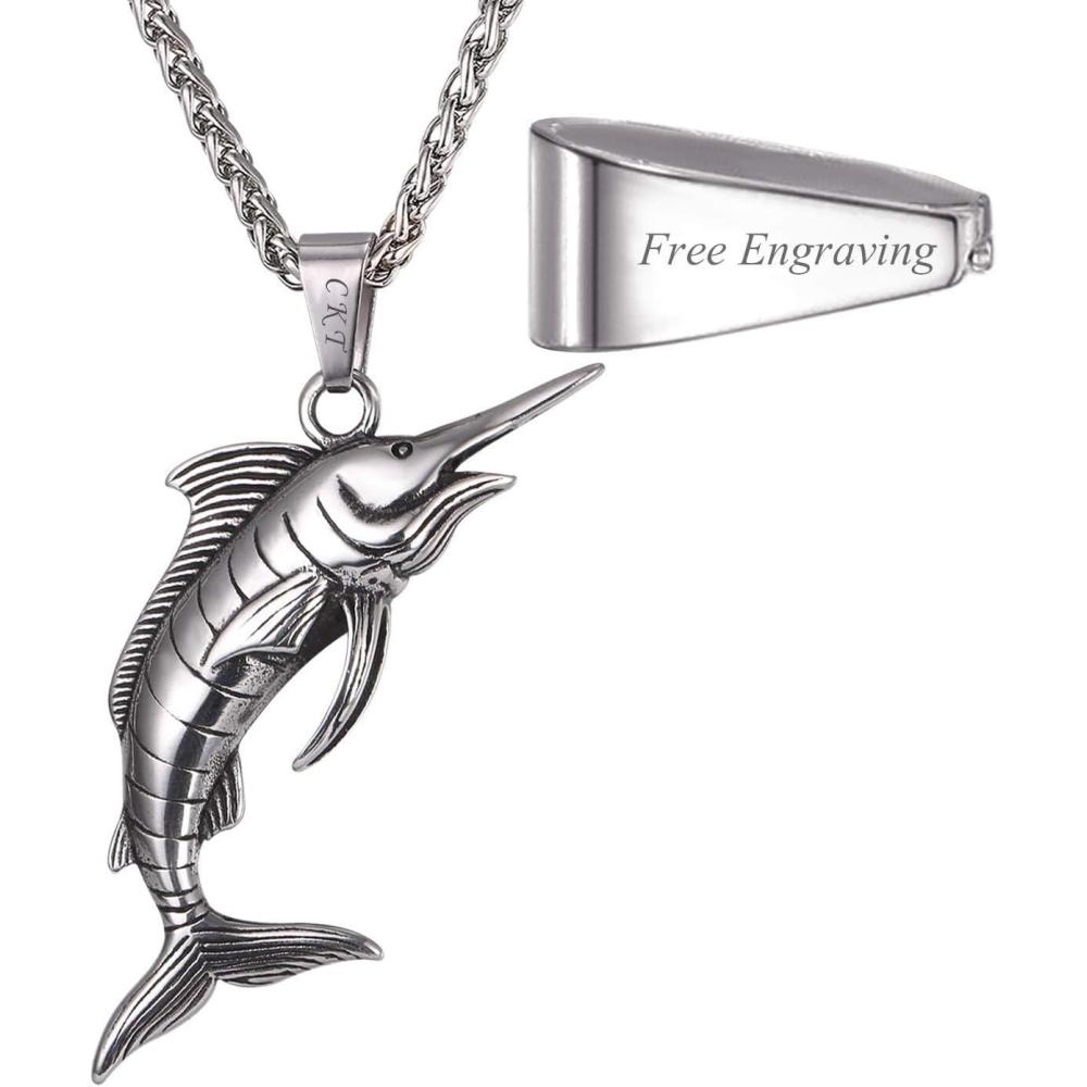 imageU7 Stainless Steel Shark Necklaces18K Gold Plated DolphinSwordfishShark Pendant NecklacePunk Mens Jewelry8SwordfishSteelEngraved
