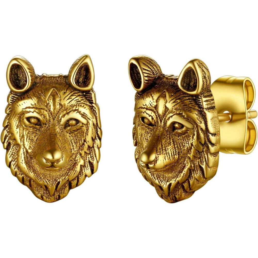 imageU7 Stainless SteelBlack18K Gold Plated Personalized Gothic Skull Studs Earrings Snake Stud Earrings Goat Devil Earrings Wolf Earrings Halloween Earrings for Men Women08 WolfGold