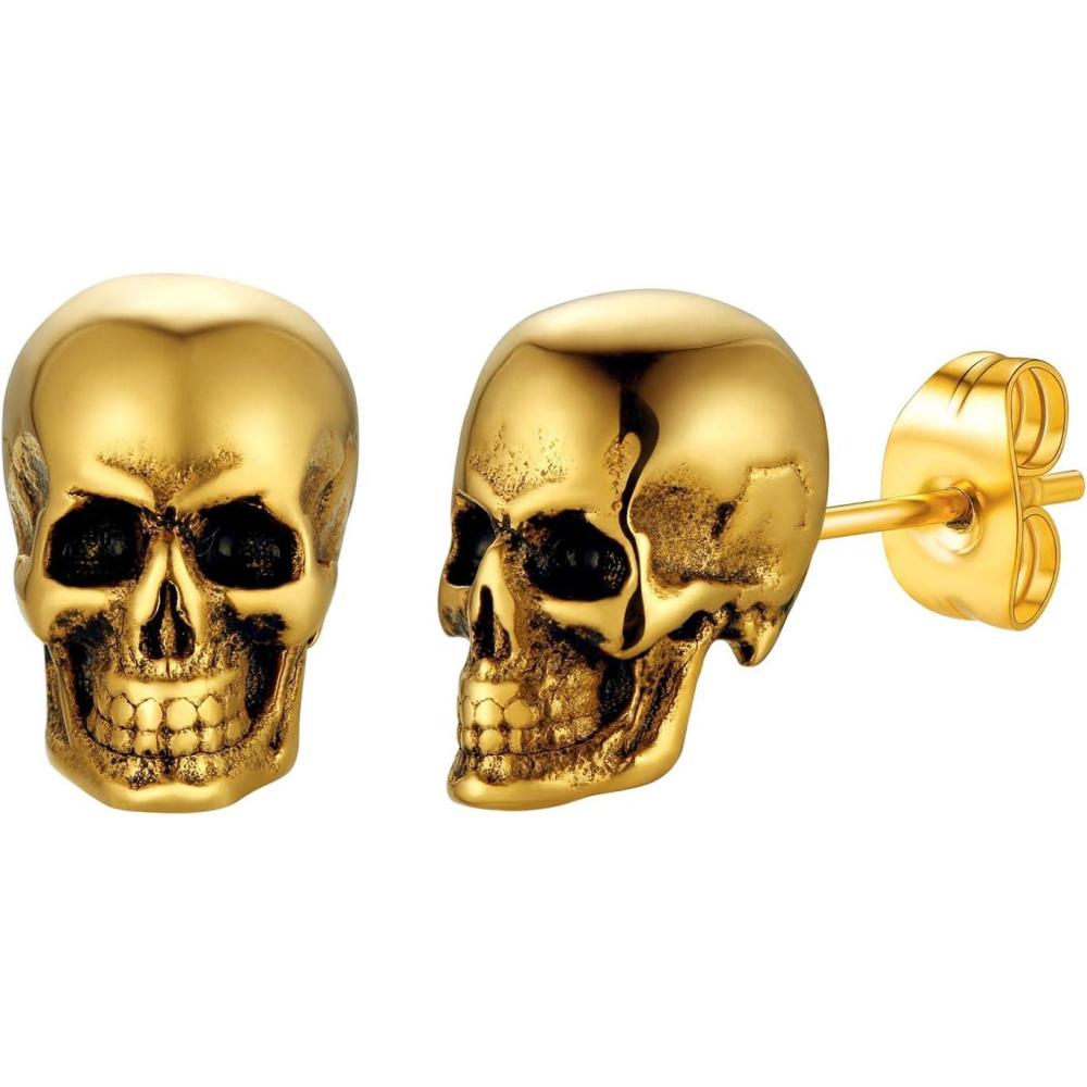 imageU7 Stainless SteelBlack18K Gold Plated Personalized Gothic Skull Studs Earrings Snake Stud Earrings Goat Devil Earrings Wolf Earrings Halloween Earrings for Men Women03 Skull StudsGold